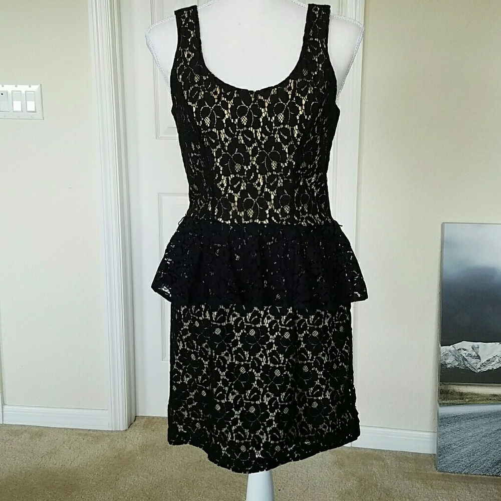 NWT HeartSoul black lace and tan peplum mini dress